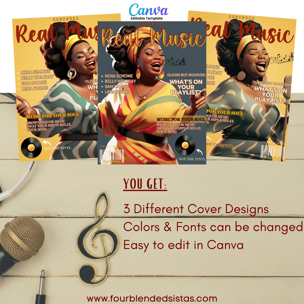 "REAL MUSIC" Magazine Cover Canva Template - Four Blended Sistas